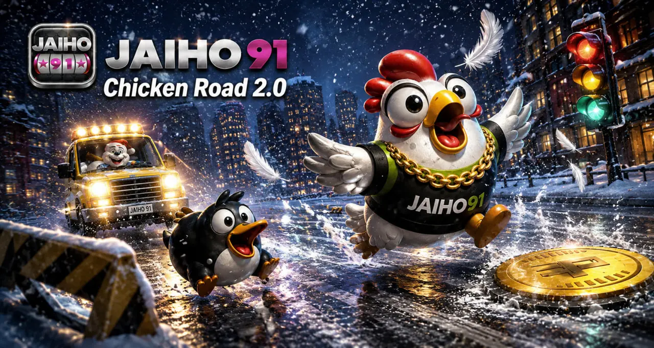JAIHO91 Chicken Road 2.0 game with cartoon chickens running through a snowy city road